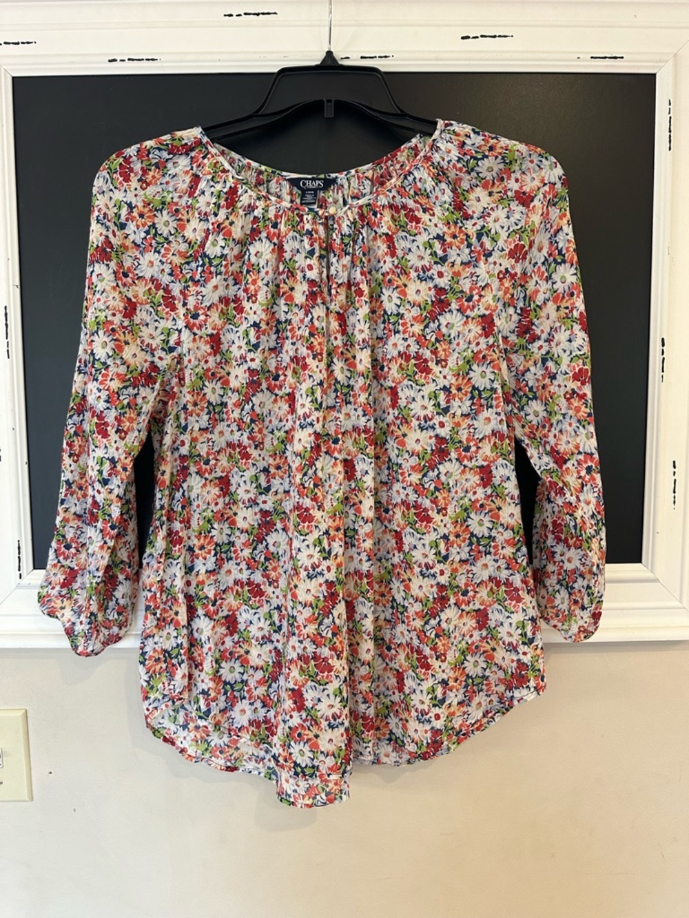 Chaps Floral Print Scoop Neck Peasant Blouse Sz. L
